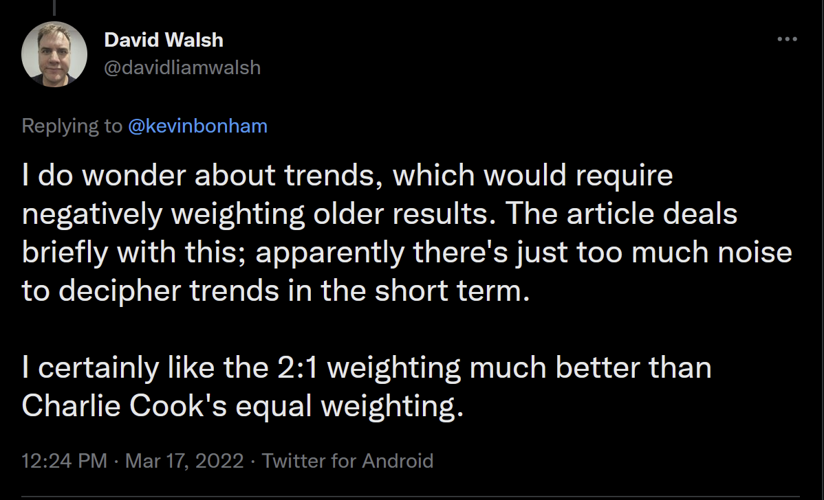 @davidliamwalsh: I do wonder about trends, which would require negatively weighting older results. The article deals briefly with this; apparently there's just too much noise to decipher trends in the short term. I certainly like the 2:1 weighting much better than Charlie Cook's equal weighting.